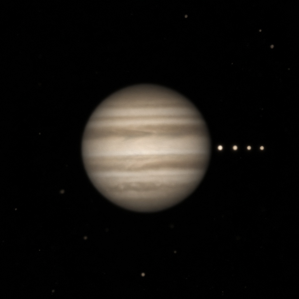 Jupiter et ses quatre satellites galiléens, tels qu'on les voit dans l'oculaire